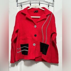 Vintage 90s Nanette Keller Women's M Cardigan Jacket red lagenlook crinkle black